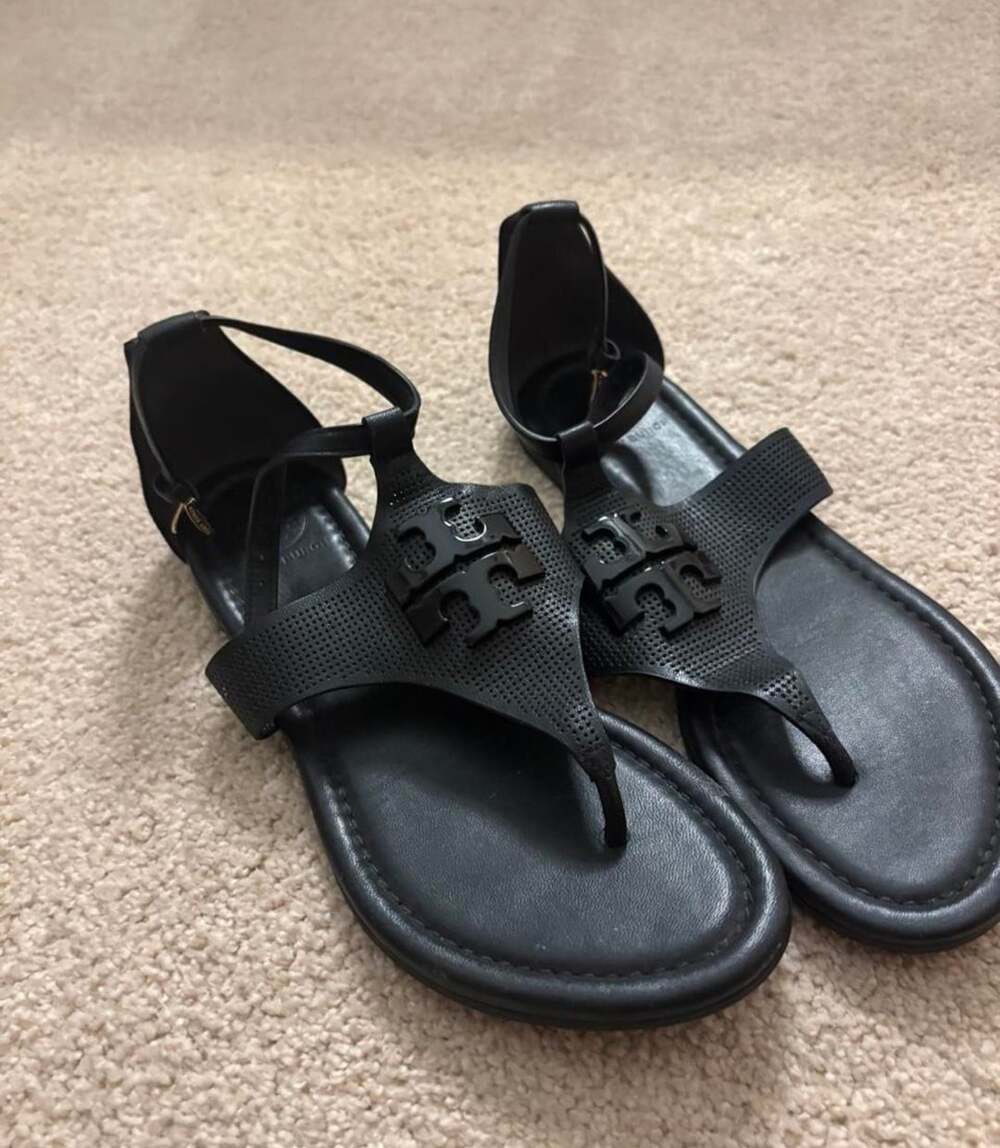 Tory Burch Laura Flat Sandals Size 6 Black Perforated Leather